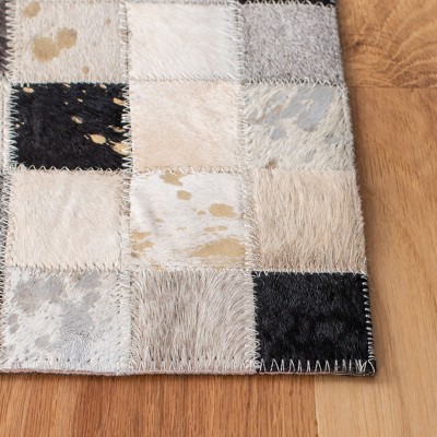Handmade Black Geometric Cowhide Hand-knotted Rug 27" x 7"