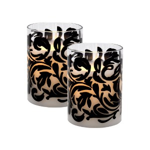 LumaBase Battery-Operated LED Glass Candles with Flickering Flame, Black Baroque Swirl - Set of 2 - 1 of 4
