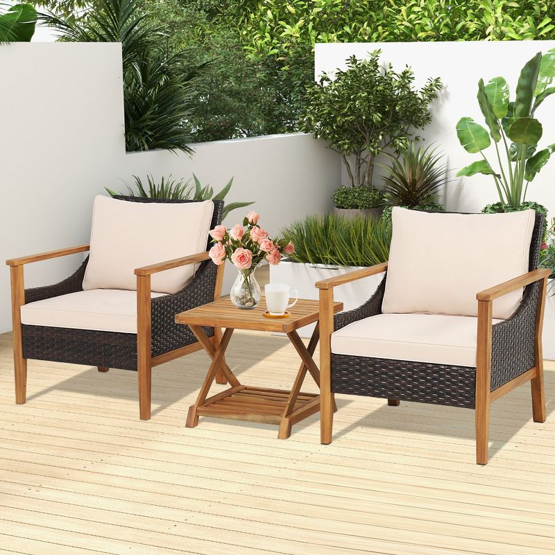 Costway 3PCS Patio Wicker Furniture Set Cushioned Armchairs with 2-Tier Side Table Balcony, 1 of 11