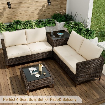 4-Piece Black Rattan Outdoor Sectional Sofa Set with Beige Cushions, Storage Box & Glass Table for Patio, Garden, or Poolside