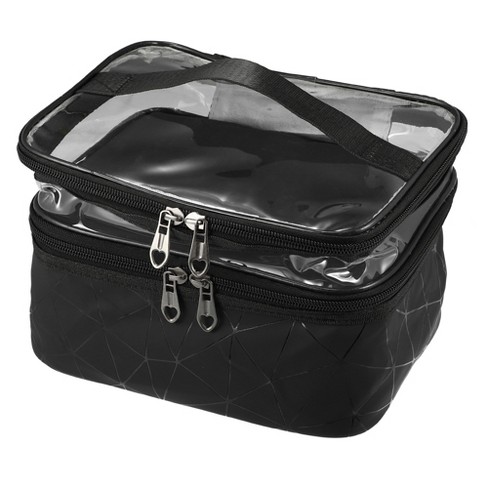 Unique Bargains Double Layer Makeup Bag Cosmetic Travel Bag Case Organizer  Bag Clear Bags for Women 1 Pcs Black