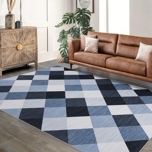 WhizMax Machine Washable Plaid Checkered Design Non-Slip Runner Rug Modern Abstract Geometric Print Carpet Traditional Area Rug,4x6,Navy and White - 1 of 4