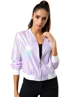 INSPIRE CHIC Women's Holographic Fashion Stand Collar Metallic Lightweight Zip Bomber Jacket