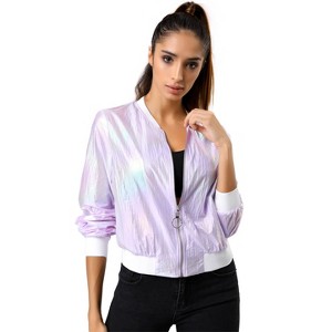 INSPIRE CHIC Women's Holographic Fashion Stand Collar Metallic Lightweight Zip Bomber Jacket - 1 of 4