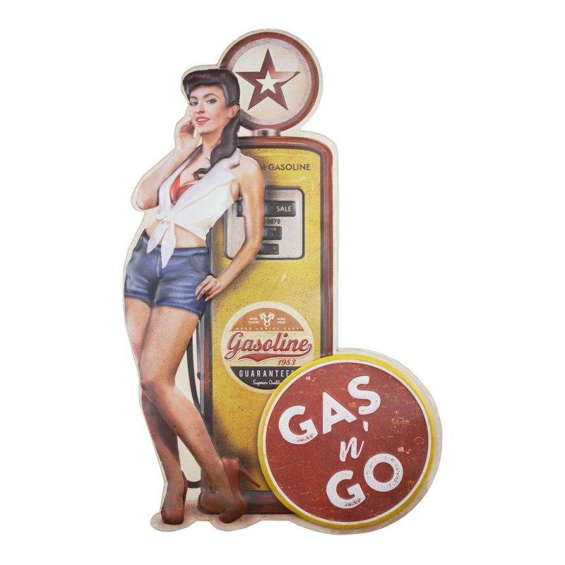 19.5&#34; x 12&#34; Gas n Go Pinup Embossed Metal Sign Yellow - American Art Decor, 1 of 6