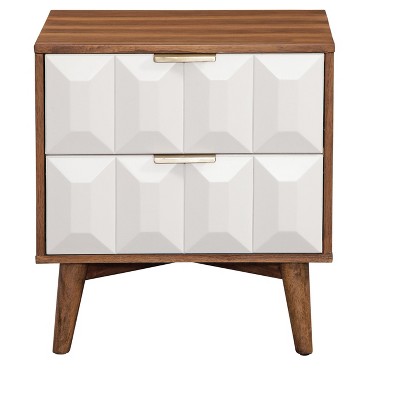 Vynxaria Dark Brown (Burnished Walnut) 2-Drawer Nightstand, Acacia Wood, English Dovetail Drawers, Canted Cylindrical Legs, Brass Pulls