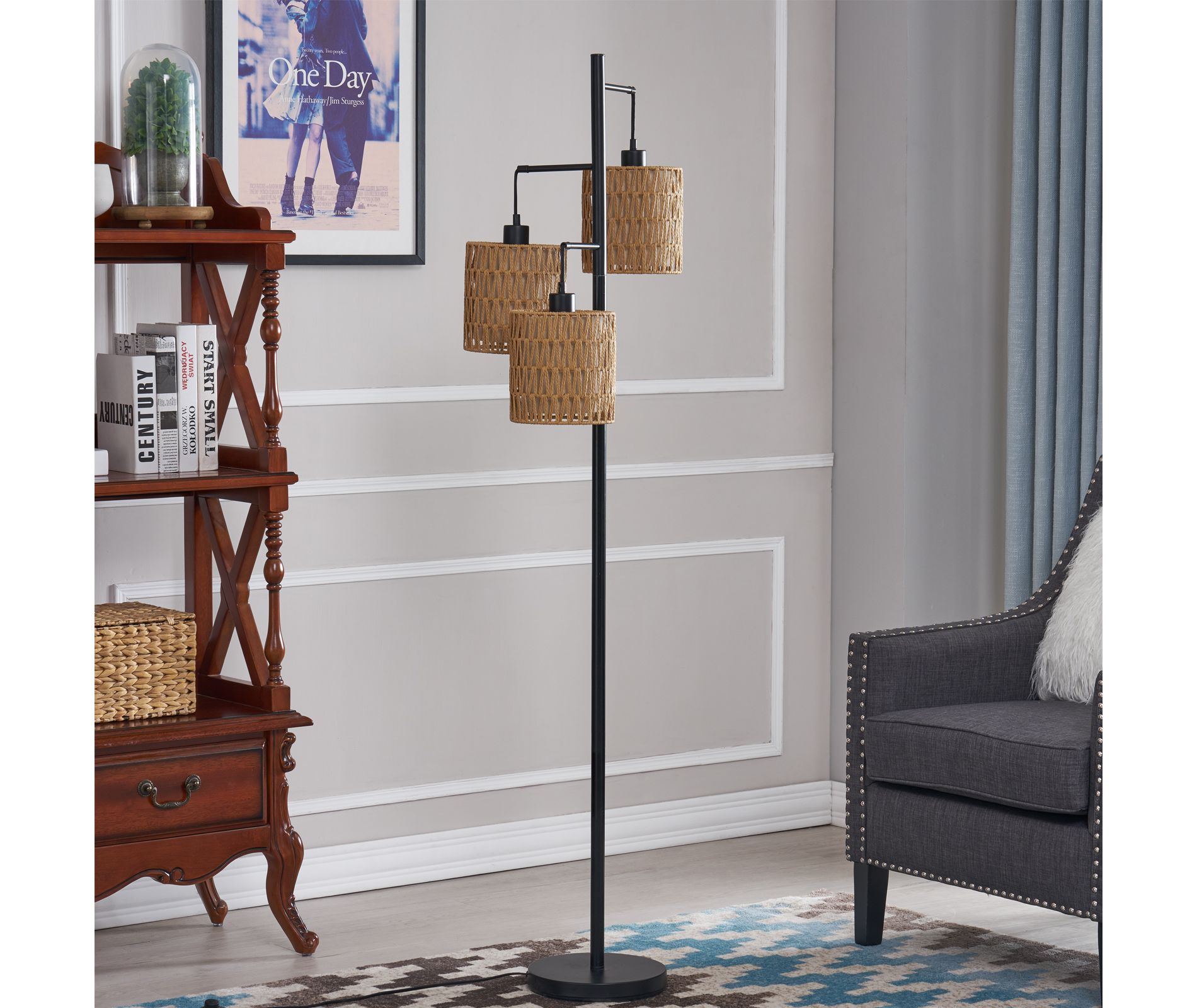 Maxax 65" Boho Rattan Floor Lamp for Living Room, 3 Lights Farmhouse Tree Standing Lamp for Bedroom