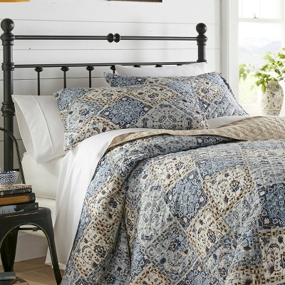 Country Casual Blue and Beige Cotton Twin Quilt Set, Reversible