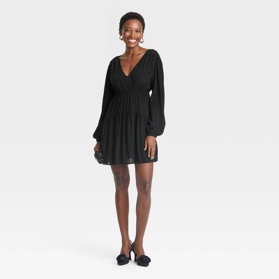 Damen Ballon Langarm fallende Taille Mini A-Linie Kleid - A Neu - Bild 8 von 8