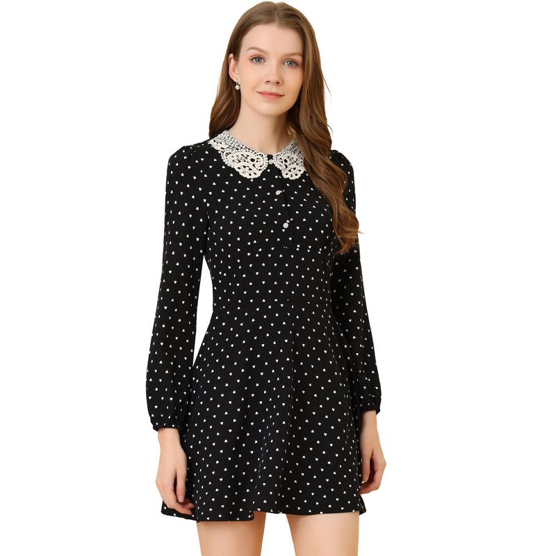 Allegra K Women's A-Line Long Sleeve Front Button Down Lace-Collar Mini Dresses, 1 of 6