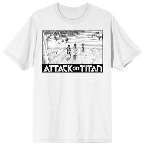 Attack On Titan Characters Running To Tree Crew Neck Short Sleeve Adult White T-shirt - 1 of 3