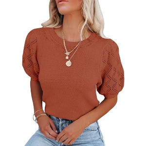 BLUEMING Sweater Tops for Women Short Sleeve Crew Neck Summer Knit Shirt Eyelet Knit Elbow Sleeve Tops - 1 of 3