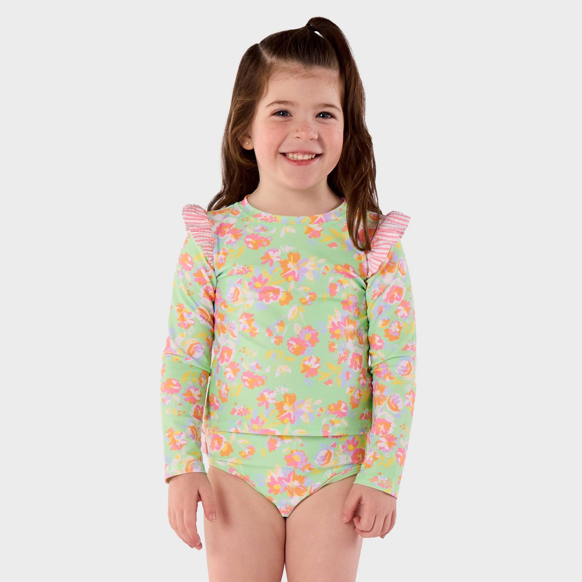 RuffleButts Toddler Girls' Watercolor Floral Long Sleeve 2pc Rash Guard Set - Green