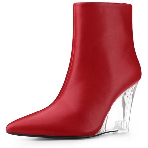 Allegra K Women's Pointed Toe Side Zipper Clear Wedge Heels Ankle Boots - 1 of 4