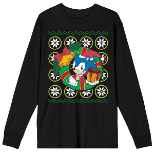 Sonic The Hedgehog Classic Sonic Christmas Wreath Crew Neck Long Sleeve Black Adult Tee - 1 of 3