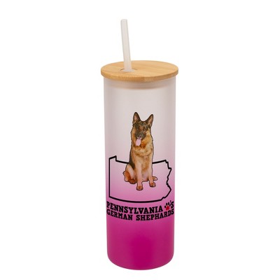 Elanze Designs The Keystone State Pennsylvania Loves German Shepherds Pink and White Ombre Frosted Glass Travel Tumbler with Straw and Wooden Lid, 25