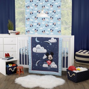 Disney Mickey Mouse Little Star Blue, Navy and White Cloud Moon and Stars 3 Piece Nursery Crib Bedding Set - 1 of 4