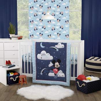 Disney Mickey Mouse Little Star Blue, Navy and White Cloud Moon and Stars 3 Piece Nursery Crib Bedding Set
