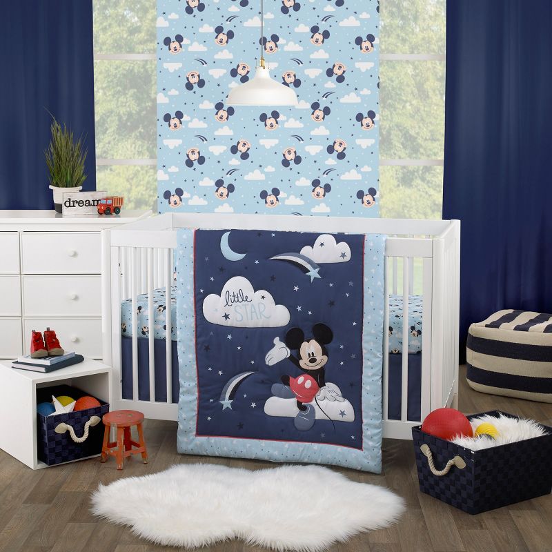 Disney Mickey Mouse Little Star Blue, Navy and White Cloud Moon and Stars 3 Piece Nursery Crib Bedding Set, 1 of 8