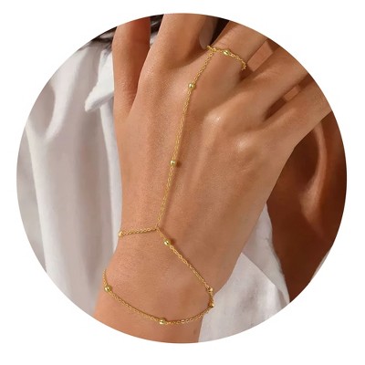 Turandoss 2PCS Gold Hand Chain Bracelet for Women - Dainty 18K Gold Hand Chain, Finger Rings Link Bracelets, Birthday Christmas Gifts for women, 6+2In