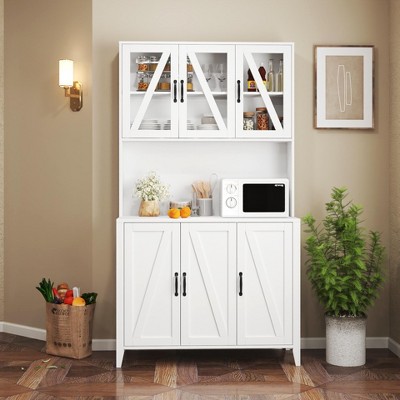 70.87" Tall Kitchen Pantry Storage Cabinet with Glass Doors & Open Shelf, Freestanding Kitchen Cupboard Buffet Cabinet, White - ModernLuxe