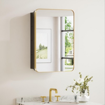 Keonjinn Metal Framed Gold Rectangular Framed Recessed/Surface Mount Medicine Cabinet with Mirror,Gold,17"x25"