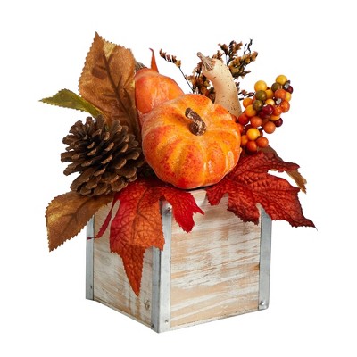 8'' Fall Pumpkin and Pinecones Artificial Arrangement in Weathered Wood Vase