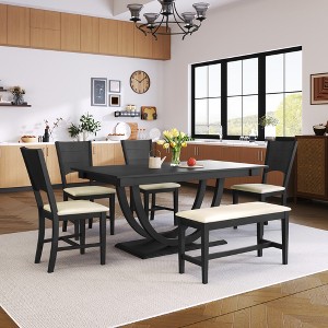 VYNXARIA 6-Piece Wood Half Round Dining Table Set Kitchen Table Set with Long Bench and 4 Dining Chairs, Modern Style, Gray - 1 of 4