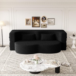 78" Convertible 2 Seater Sofa Bed Couch Twin Bed Sleeper Sofa With 2 Pillows Teddy Fabric Foam-Filled Floor Sofa Couch-Cuddlewood - 1 of 4