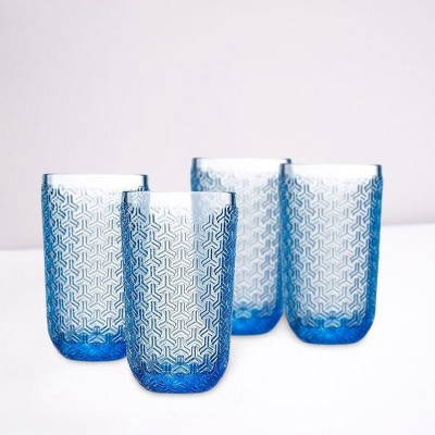 Blue Geometric Textured 14oz Highball Glass Set