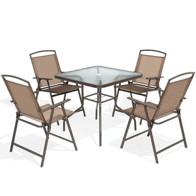 Pellebant Outdoor 5-piece Patio Dining Set Folding Chairs and Glass Table with Umbrella Hole