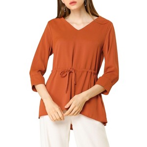 INSPIRE CHIC Women's Elegant 3/4 Sleeves V Neck Drawstring Waist Peplum Top Blouse Shirts - 1 of 4
