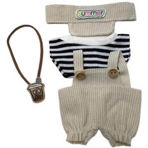 Doll Clothes Superstore Tan Overalls, Striped Shirt & Matching Hat for 17.5 cm Labubu Dolls - 1 of 4