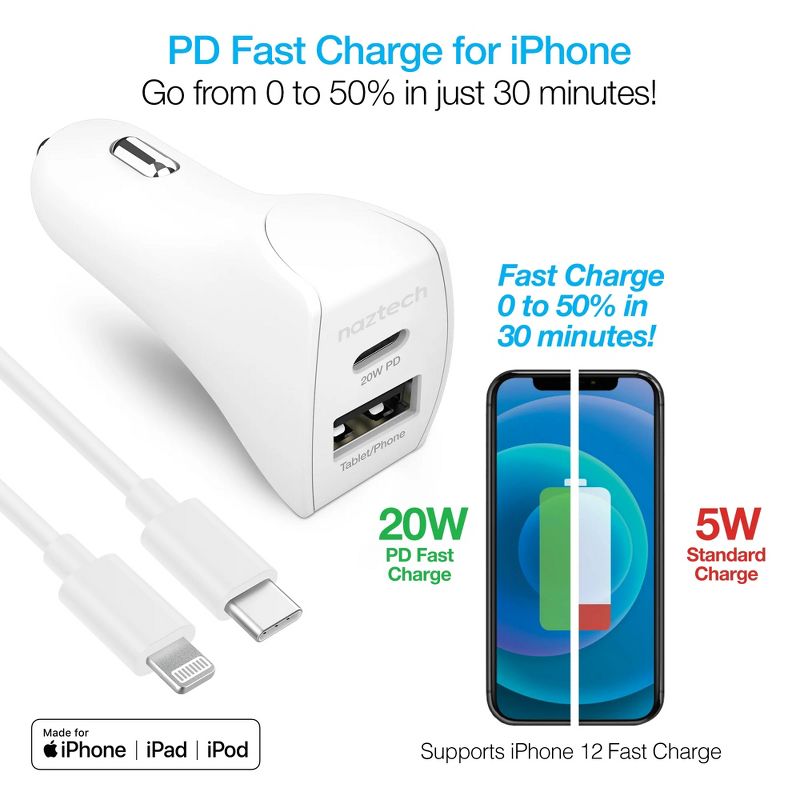Naztech 20W USB-C PD + 12W USB Fast Car Charger | 4' MFi Lightning Cable | White, 3 of 8