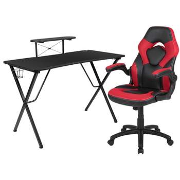 BlackArc Gamma Gaming Desk & Chair Set - Black & Red High Back Gaming Chair with Flip-Up Arms; Desk with Detachable Headphone Hook/Cupholder