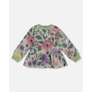 Deux par Deux Girl Stretch Fleece Sweatshirt Sage Floral - 1 of 4
