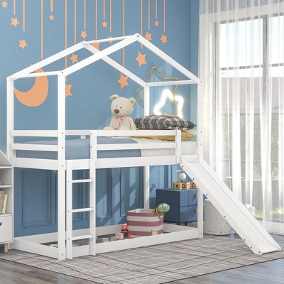 Twin Over Twin Bunk Bed with Roof, Slide and Ladder