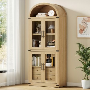 Garvee Arched Bookshelf with Doors and Drawers Farmhouse Bookcase Display Storage Shelves 71.4in Tall Wooden Display Cabinet Rounded Bookcases - 1 of 4
