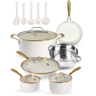 Photo 1 of ****USED*** Gotham Steel Cream 15 Piece Ultra Nonstick Ceramic Cookware Set with Utensils with Gold Handles