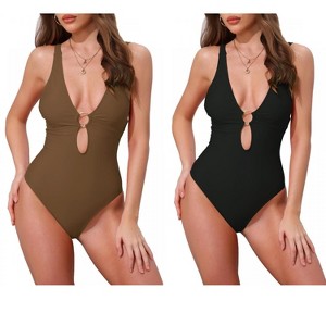 INSPIRE CHIC Women's O Ring Cut Out Deep V Monokini Bikini Suit 2 Sets - 1 of 4