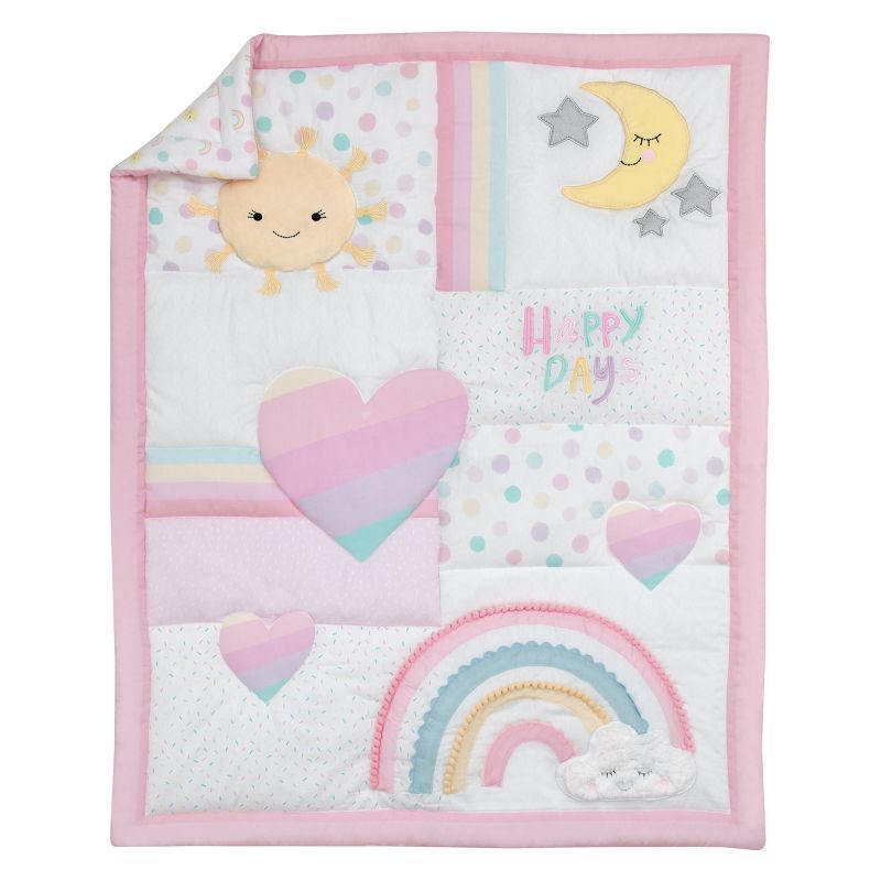 NoJo Happy Days Pink, White, and Yellow Rainbows and Sunshine 4 Piece Nursery Crib Bedding Set, 2 of 10