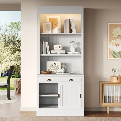 Tall Bookcase with Sliding Doors LED Light Drawer and Solid Wood Frame for Home Office 83in -3irtyhousy
