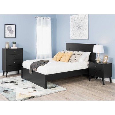 Black Mid-Century Modern 2-Drawer Nightstand with Brass Knobs