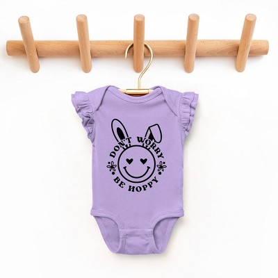 The Juniper Shop Don't Worry Be Hoppy Smiley Bunny Baby Flutter Sleeve Bodysuit