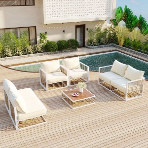 Sapphtopaz Patio Furniture Set Outdoor Rope Loveseat Patio Chairs with Cushions Rectangle Coffee Table for Garden, Backyard, Outdoor - 1 of 4