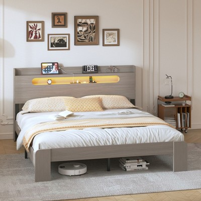 NicBex Queen/King Vintage Bed Frame with Storage LED Headboard & 2 USB,Modern Platform Bed for Bedroom,No Box Spring Needed