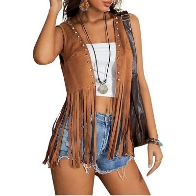 Women's Vest Fringe Trimmed Studded Sleeveless Vest