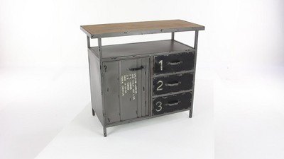 Gray Industrial Metal Cabinet with Wood Top and Drawers