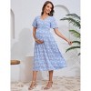 Maternity Dress Ruffle Short Sleeve V Neck Summer Floral Midi Dress for Baby Shower Photoshoot - 2 of 4