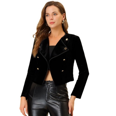 Allegra K Women's Double Breasted Notched Lapel Velvet Cropped Jacket Black  Small : Target